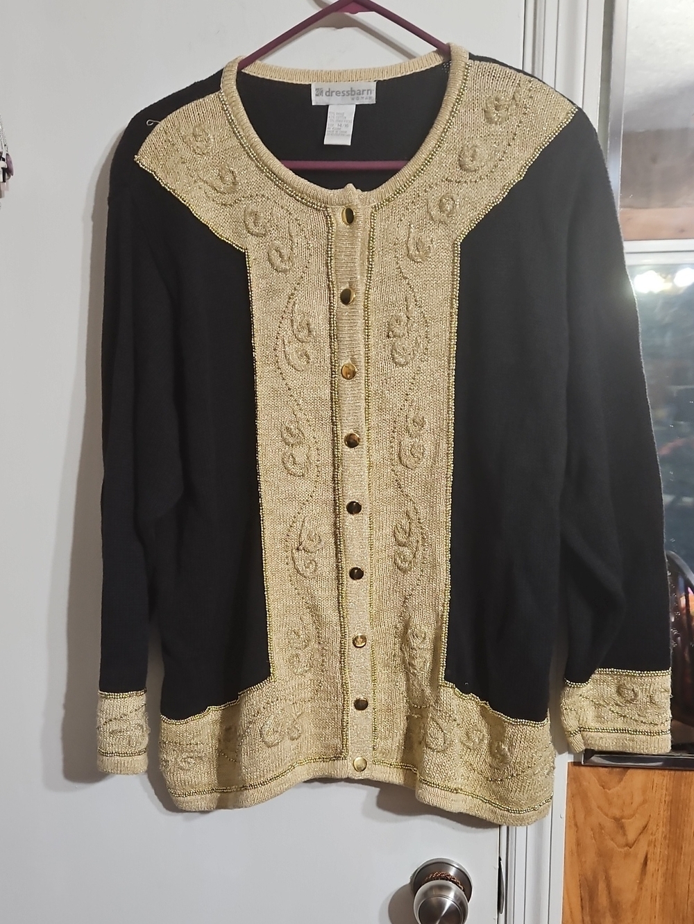 dressbarn Black and Gold Trim Button-Front Cardigan